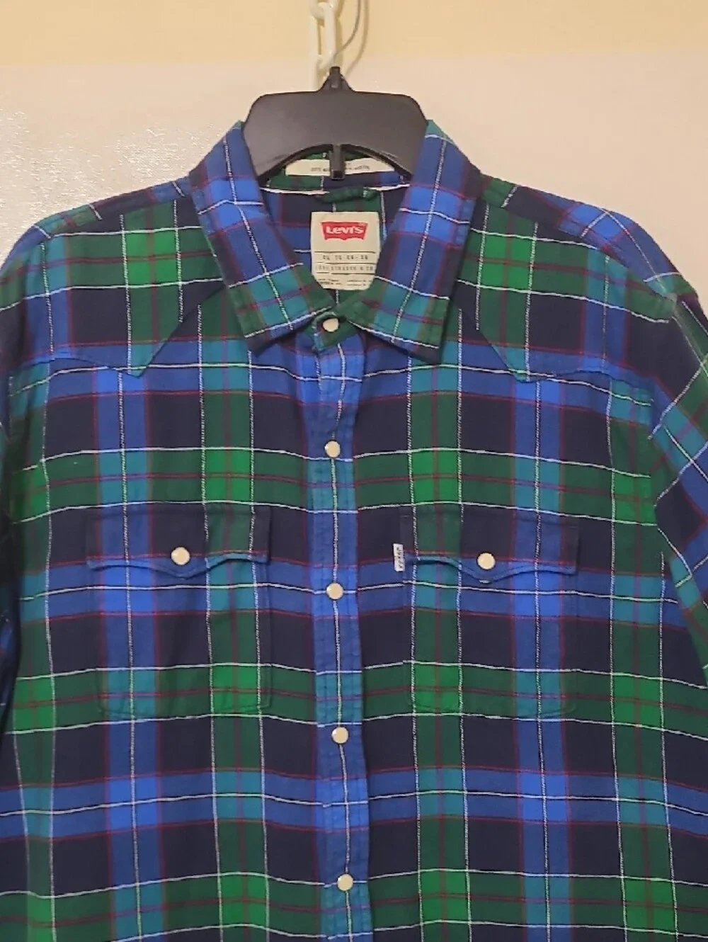 Levi's‎ Green & Blue Plaid Modern Fit Long Sleeve Western Pearl Snap Shirt - XL
